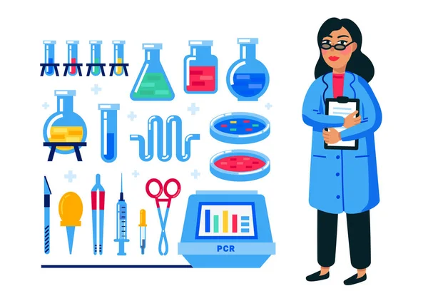 Conjunto de equipos para científicos y laboratorios femeninos. Mujer con una bata médica azul y frasco, vial, probeta, réplicas de vidrio, etc. Proyecto de secuenciación del genoma humano. Ilustración de vector de estilo plano sobre blanco — Vector de stock