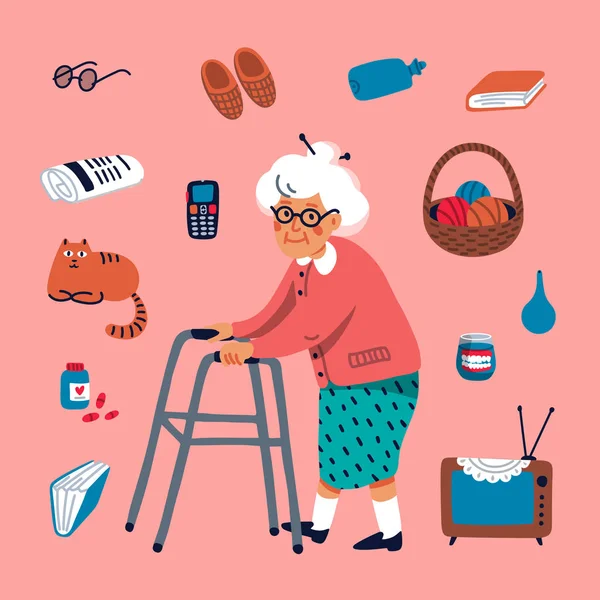 Cute grandmother walking with a walker and some elderly items on a pink background. Flat style Vector illustration — Stock Vector