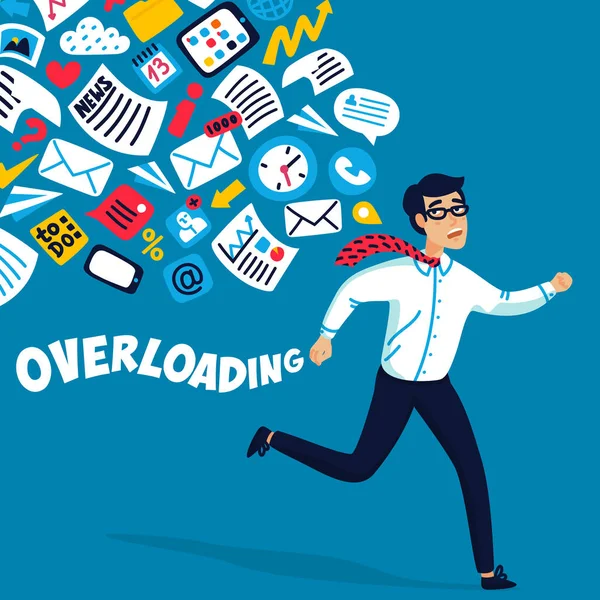 Invoer overbelasting. Informatie overload concept. Jonge man die wegloopt van informatiestroom die hem achtervolgt. Concept van persoon overweldigd door informatie. Kleurrijke vector illustratie in platte stijl. — Stockvector