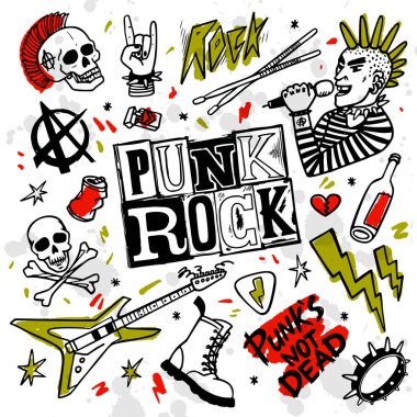 Punk rock seti. Punks ölü kelimeler ve tasarım öğeleri değil. vektör illüstrasyon.
