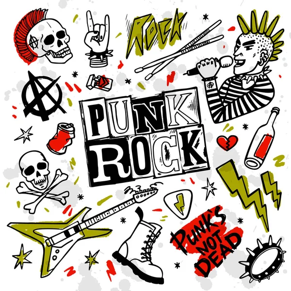 Punkrock-Set. Punks statt toter Worte und Gestaltungselemente. Vektorillustration. — Stockvektor