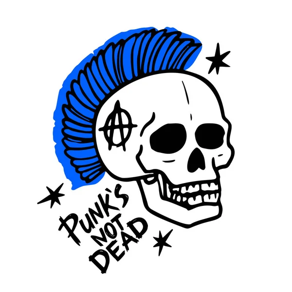 Punkrock-Musik. Punks statt toter Worte und Mohawk-Totenkopf. Vektor-Illustration auf weißem Hintergrund. — Stockvektor