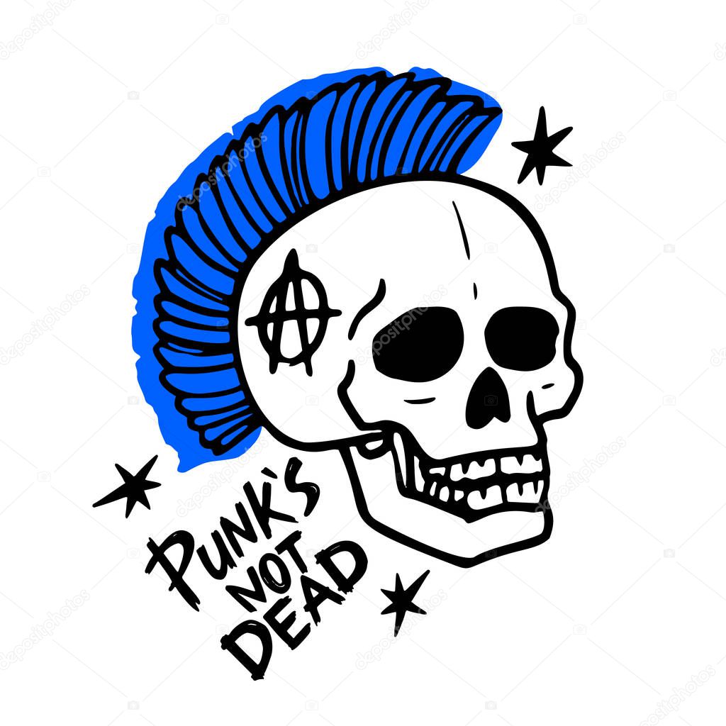 Punk rock music. Punks not dead words and mohawk skull. vector illustration on white background