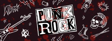 Punk rock seti. Punks ölü kelimeler ve tasarım öğeleri değil. vektör illüstrasyon.