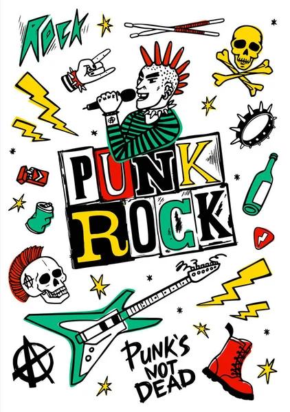Punk rock seti. Punks ölü kelimeler ve tasarım öğeleri değil. vektör illüstrasyon. — Stok Vektör