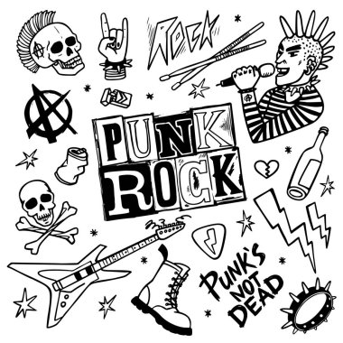 Punk rock seti. Punks ölü kelimeler ve tasarım öğeleri değil. vektör illüstrasyon.