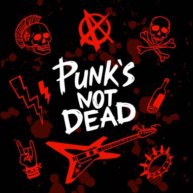 Punk rock seti. Punks ölü kelimeler ve tasarım öğeleri değil. vektör illüstrasyon.