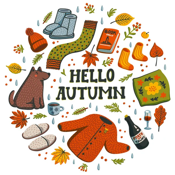 Hello autumn circle composition. Autumn essentials warm clothes, berries and leaves, book, all for warm atmosphere. Fall season elements on white background. Flat style hand drawn vector illustration. — Stock Vector