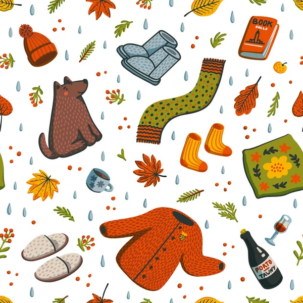 Kusursuz sonbahar şablonu. Sonbahar sezonunun esasları: Sıcak kıyafetler, yastık, Porto, güz meyveleri ve yapraklar, kitap ve beyaz arka planda sevimli bir köpek. Düz stil el çizimi vektör çizimi. — Stok Vektör