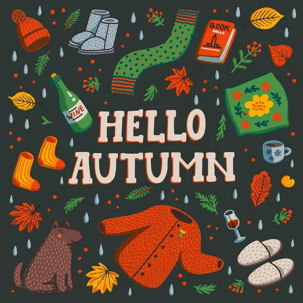 Hello autumn. Set of autumn essentials on dark background. Warm clothes, berries and leaves, etc. Collection of fall season elements. Flat style hand drawn vector illustration. — Stock Vector