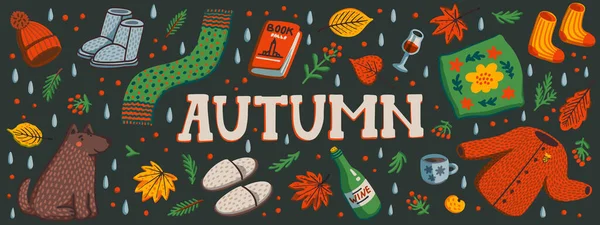 Banner horizontal de otoño o portada de redes sociales. Otoño esencial ropa de abrigo, bayas y hojas de otoño, libro, ets. Elementos de temporada de otoño sobre fondo oscuro. Estilo plano ilustración vectorial dibujado a mano — Vector de stock