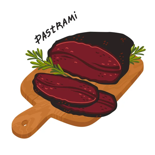 Pastrami. Fleischdelikatesse auf einem Holzschneidebrett. — Stockvektor