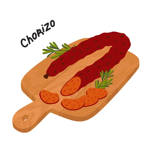 Chorizo-Wurst. Fleischdelikatesse auf einem Holzschneidebrett. — Stockvektor