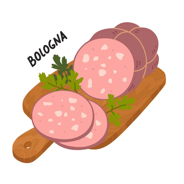 Mortadella Bologna Wurst. Fleischdelikatesse auf einem Holzschneidebrett. — Stockvektor
