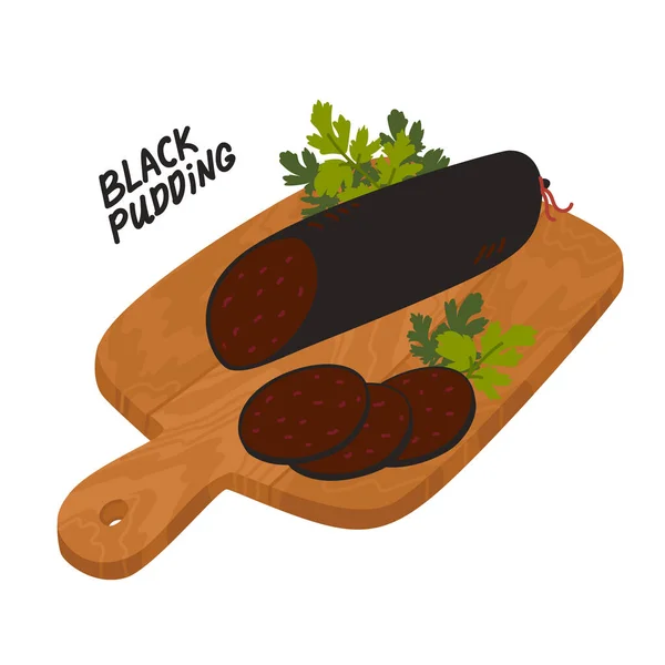 Pudín negro. Delicias de carne en una tabla de cortar de madera . — Vector de stock