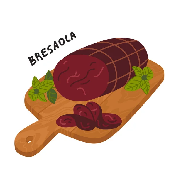 Bresaola. Vlees delicatessen op een houten snijplank. — Stockvector