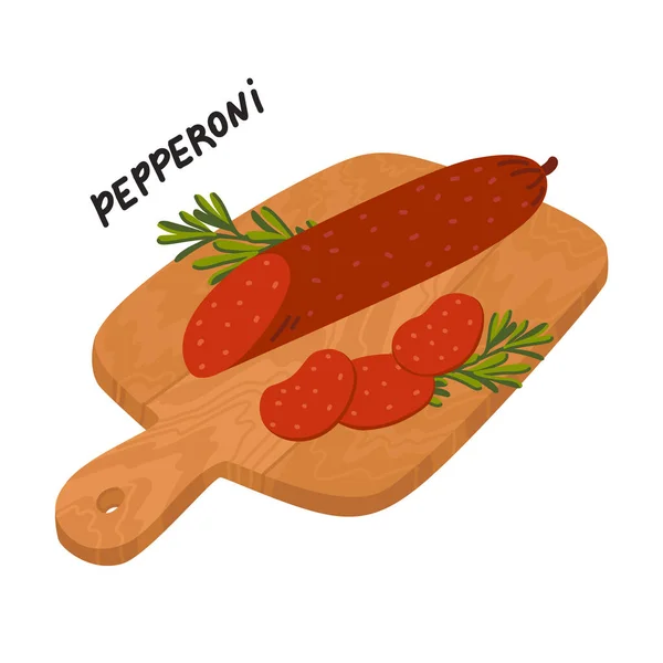 Pepperoni kolbász. Hús csemege fából készült vágódeszkán. — Stock Vector