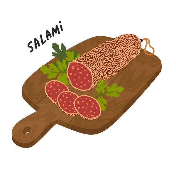 Salamiwurst. Fleischdelikatesse auf einem Holzschneidebrett. — Stockvektor
