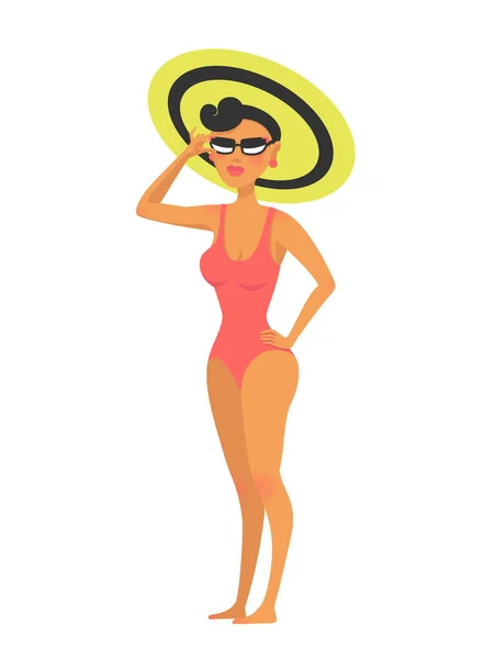 Una donna rispettabile in bikini rosso su una spiaggia. Vacanze estive. Viaggi e riposo lussuosi. — Vettoriale Stock