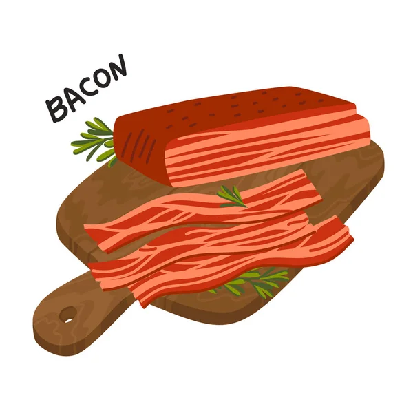 Bacon. Tiras de Bacon em uma tábua de corte de madeira. Delicatessen carne. Ilustração simples do vetor do estilo plano . —  Vetores de Stock