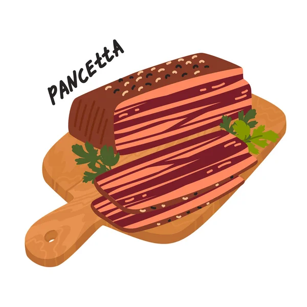 Pancetta. Hús csemege fehér háttérrel. Tipikus olasz szalonna szeletek. Egyszerű lapos vektor illusztráció. — Stock Vector