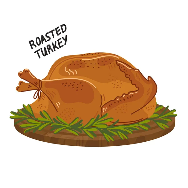 Roasted turkey. Cooked whole festive turkey on a round wooden cutting board. Simple flat style vector illustration on white background. — Stock Vector