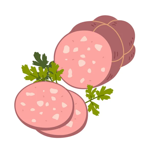 Mortadella bolognai kolbász. Hús csemege fehér háttérrel. Olasz főtt sertéskolbász szeletek. Egyszerű lapos vektor illusztráció. — Stock Vector