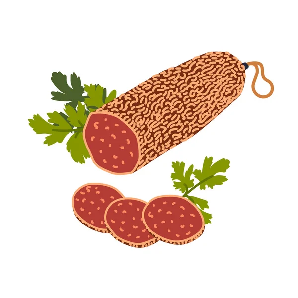 Salchichas salami. Delicias de carne sobre fondo blanco. Rebanadas de salchichón curado italiano. Ilustración de vector de estilo plano simple . — Vector de stock