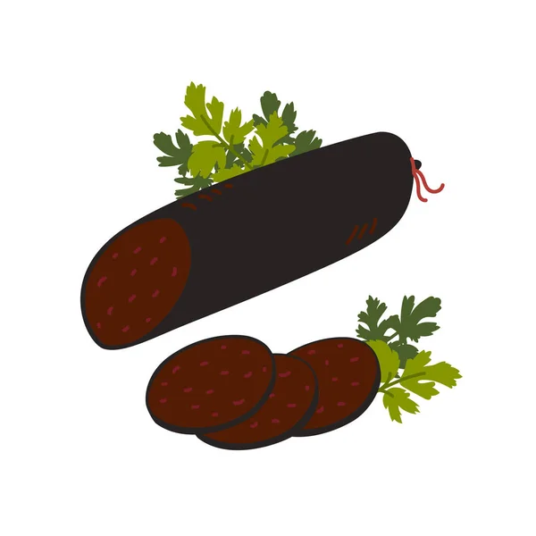 Pudín negro. Delicias de carne sobre fondo blanco. Rebanadas de salchicha inglesa tradicional. Ilustración de vector de estilo plano simple . — Vector de stock