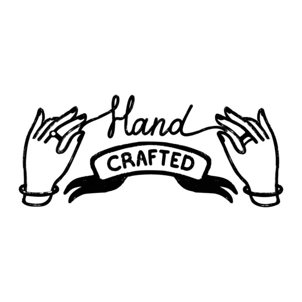 Icona o logo realizzato a mano. Icona timbro vintage con un'iscrizione artigianale su nastro e mani. — Vettoriale Stock