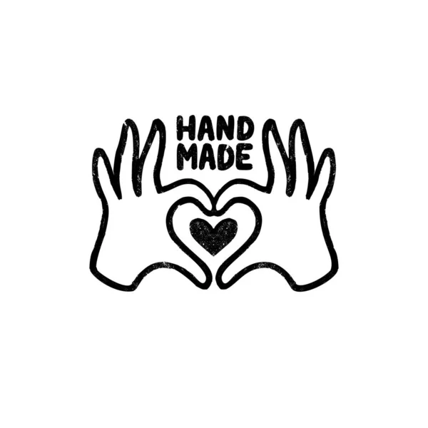 El yapımı ikon ya da logo. Elleri, kalbi ve el yapımı harfleri olan klasik pul simgesi. — Stok Vektör
