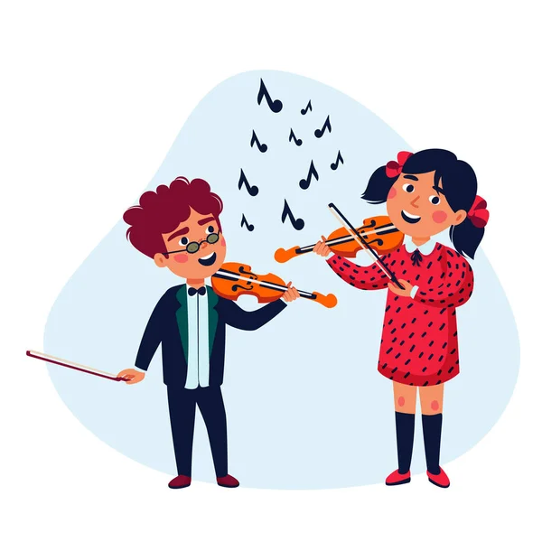 Músicos de raparigas e rapazes. Crianças felizes a tocar violino. Um concerto da escola de música. Ilustração vetorial de estilo plano. —  Vetores de Stock