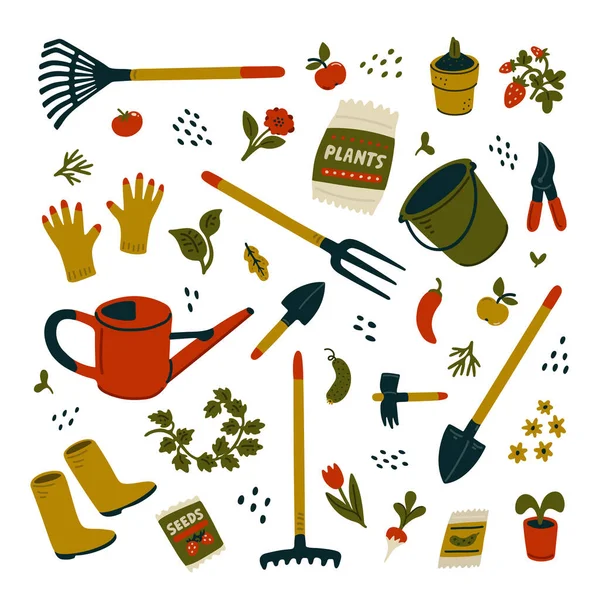Ensemble d'équipement de jardin. Différents types d'outils de jardinage. — Image vectorielle