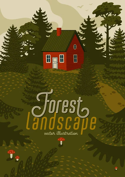 Skoglandskap. Skoglandskap med rød hytte. – stockvektor