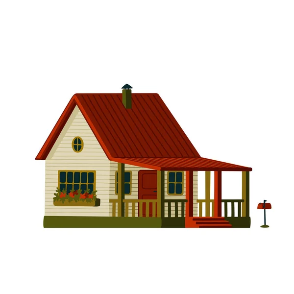 Εξοχική κατοικία με βεράντα. Ξύλινο λευκό σπίτι σε ρουστίκ στυλ με κόκκινη οροφή — Διανυσματικό Αρχείο