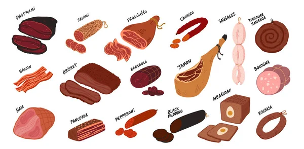 Ensemble de charcuterie de viande. Saucisses et charcuterie du monde entier — Image vectorielle