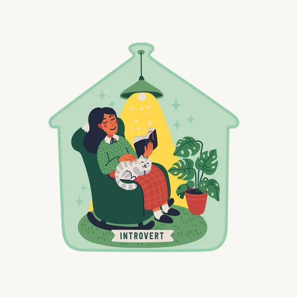 Introvertált. Extraverzió és introverzió koncepció - karosszékben ülő fiatal nő könyvvel és macskával az ölében, üvegkupak alatt — Stock Vector