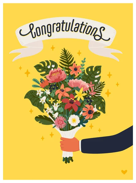 おめでとうカードだ。黄色の背景に花の腕の花束を保持. — ストックベクタ