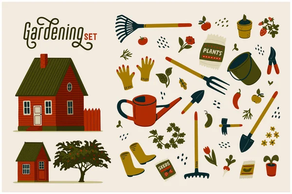 Juego de jardinería. Granja roja y diferentes tipos de herramientas para la jardinería y el paisajismo. — Archivo Imágenes Vectoriales
