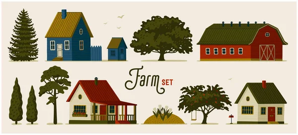 Bauernhof. Verschiedene ländliche Häuser, Scheunen und verschiedene Bäume. — Stockvektor