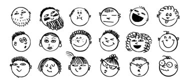 Tebeşir karalama emoji çizimi, basit ifadelerle, oyuncu el çizimi tarzıyla çizilmiş yüzler. Eğlenceli karakter tasarımları için Emoji karalama çizimi. Çıkartmalar, posterler, çocuk çizimleri için mükemmel..