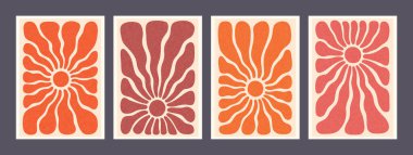 Kırmızı ve turuncu tonlarda desenli arka planda kalın organik ışınlar bulunan retrogüneş veya çiçek sanat posteri. Soyut retro tarzında güneş sanatı. Duvar sanatı, kartlar, baskılar ve yaz dekorları için harika..