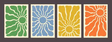 Güneş desenli eski posterler yeşil, mavi, sarı ve turuncu renkli ve soyut dalga ışınları var. Dokulu görünümlü klasik yaz güneşi tasarımı. Duvar sanatı, baskılar ve dekorasyon için mükemmel..