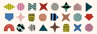 Çizgili, noktalı, dalgalı ve ızgara desenli renkli geometrik şekiller. Geometrik ve soyut şekiller, renkli pastel desenli. Çocuk tasarımı, çıkartması, kumaşı için mükemmel..