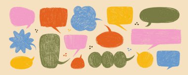 Pastel konuşma balonu seti, bej arka planda klasik renklerde desenli el çizimi şekilleri. Çıkartmalar, ambalajlar, çocuk posterleri, markalar için eğlenceli ve eğlenceli tasarım..