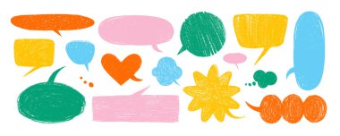 Beyaz arka planda turuncu, pembe, yeşil, sarı ve mavi renkli konuşma balonu koleksiyonu. El çizimi metin çerçevesi şekilleri. Eğlenceli posterler, çıkartmalar, damgalar, ambalajlar için harika.