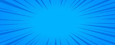 Mavi yarım ton noktalı ve radyal hız çizgileri olan komik bir arkaplan. Anime posterleri, çıkartmalar, kapaklar ve dinamik grafik tasarımlar için vektör hızı efekti.