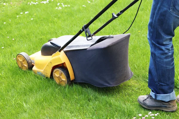 Man Maait Gras Met Een Grasmaaier — Stockfoto