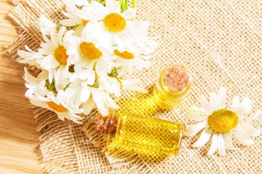 Çuval bezinde papatya çayı özütü. Seçici odaklanma. Doğa