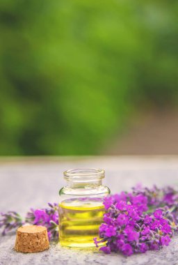 Lavanta yağı küçük bir şişede. Seçici odaklanma. Doğa.